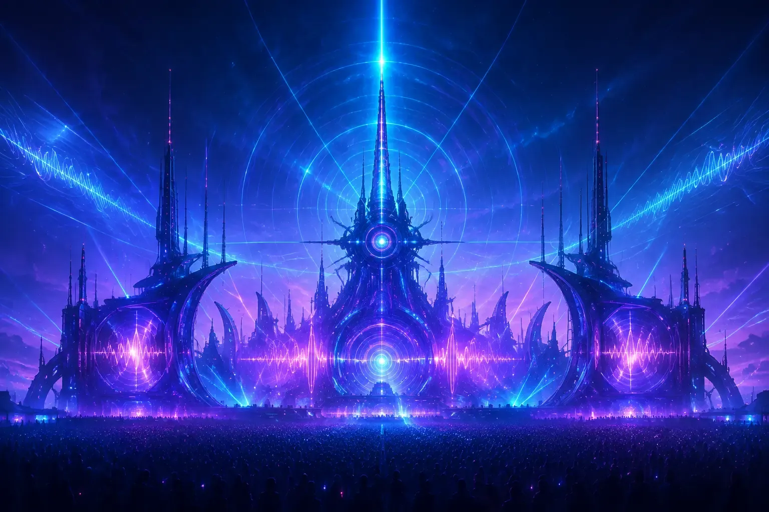 Futuristic stage and radio signal artwork